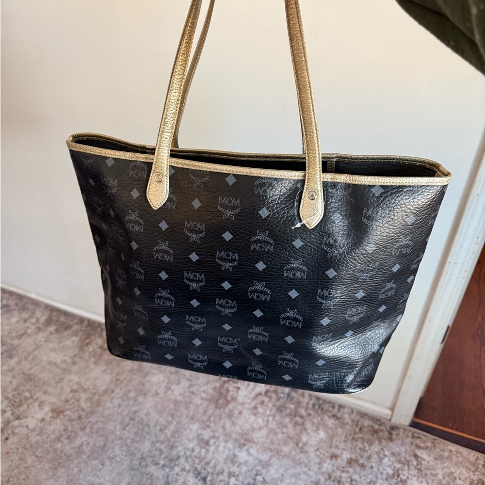 MCM Black Logo Tote with Metallic Gold Handles and Multicolor Stripe - Picture 4 of 6